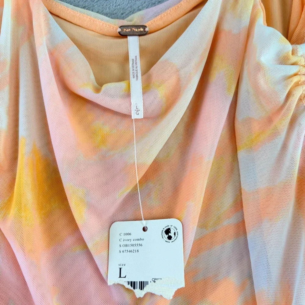Free People L‎ Avenue Ivory Orange Ruched Mesh Tie Dye Tank Top Boho Summer NWT